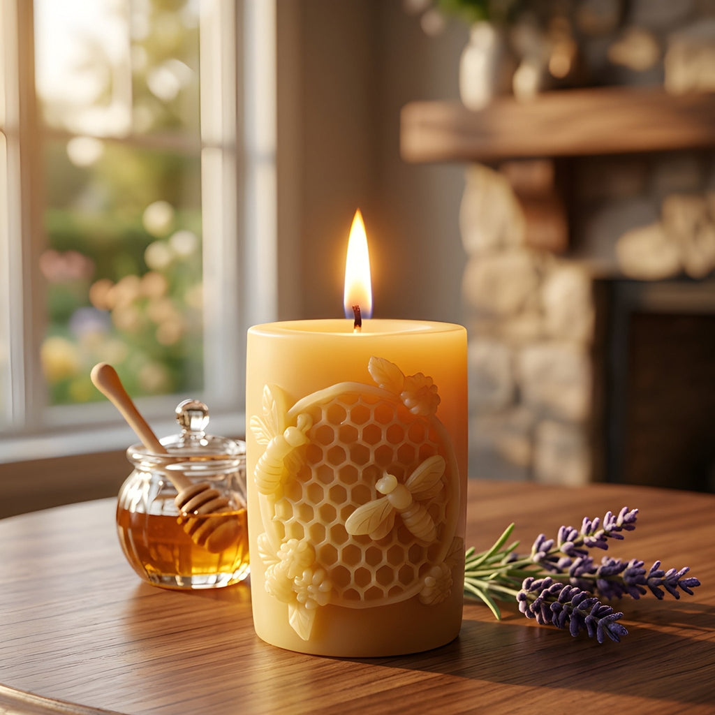 Golden Hivelet Beeswax Pillar Candle Beehive Inspired - Collective Awakening