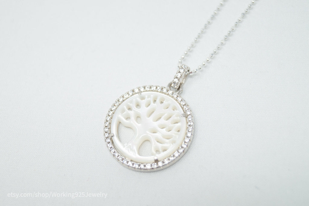 Vintage Carved Mother Of Pearl Star Tree Of Life CZ Sterling Silver Necklace - Collective Awakening