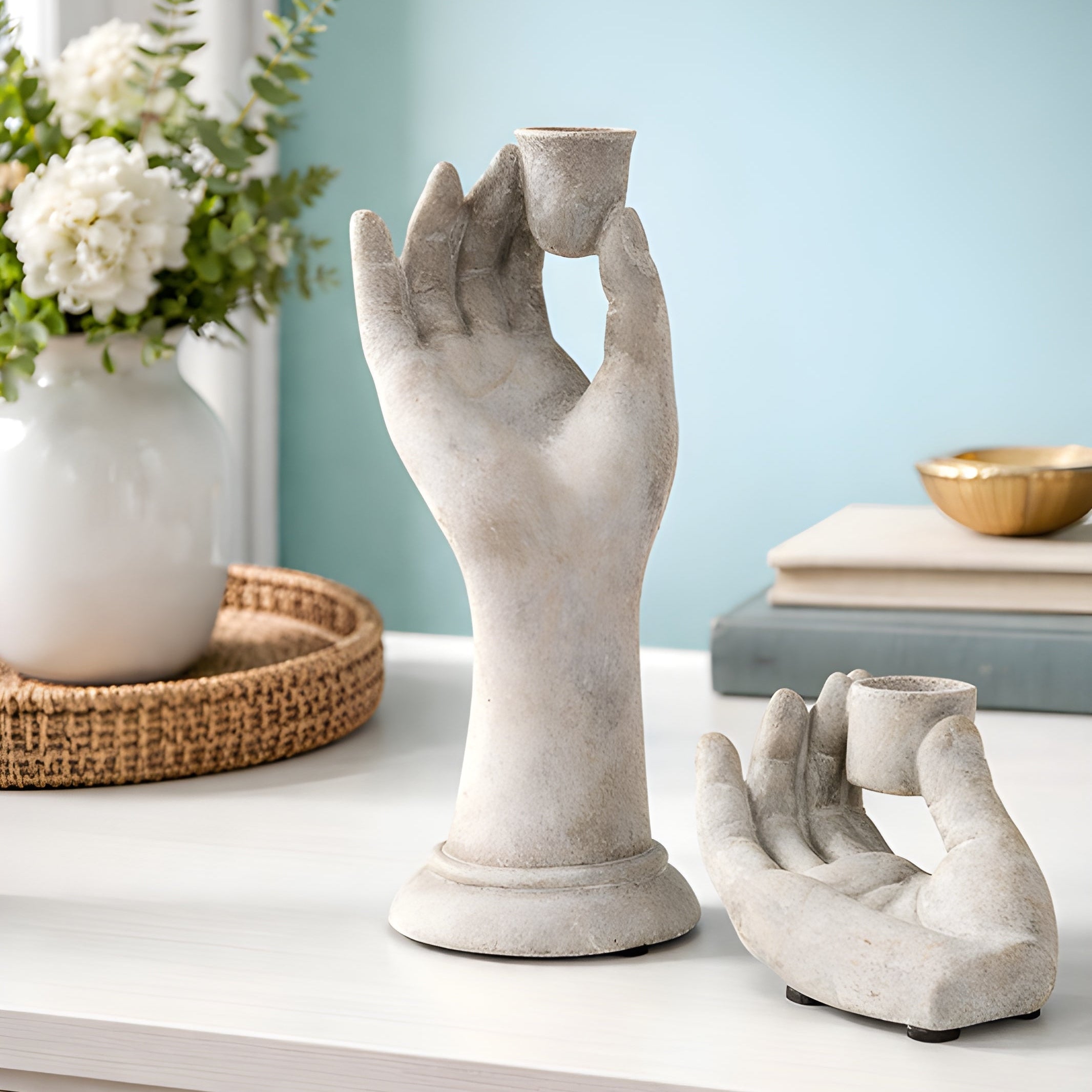 Romanesque Cement Hand Taper Candle Holder Tall or Small Sculptural Statue - Collective Awakening