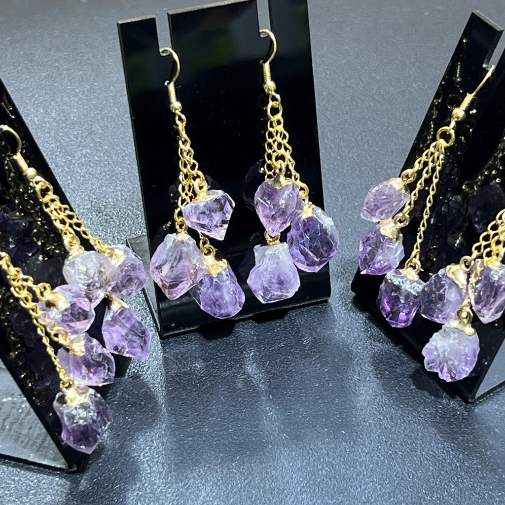 Long Dangle Amethyst Triple Crystal Point Earrings Pair (Gold Plated) - Collective Awakening
