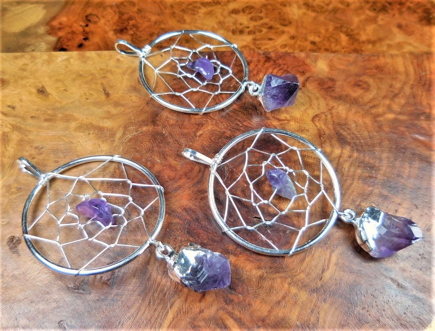 Dreamcatcher Pendant (Amethyst Crystal)(Silver Plated) Gemstone Jewelry - Collective Awakening