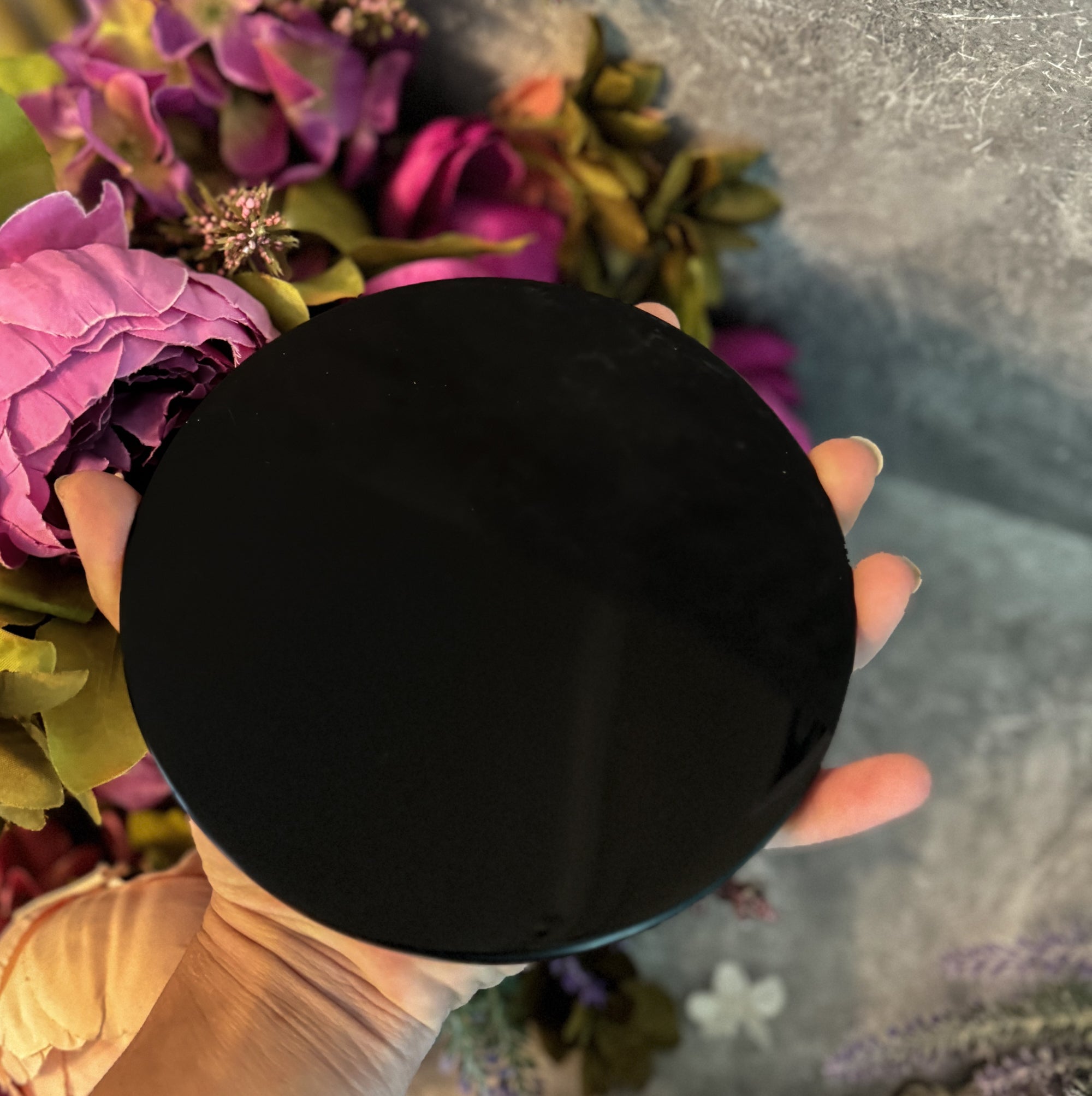 5 3/4 Inch Black Obsidian Mirror, Crystal Scrying - Collective Awakening