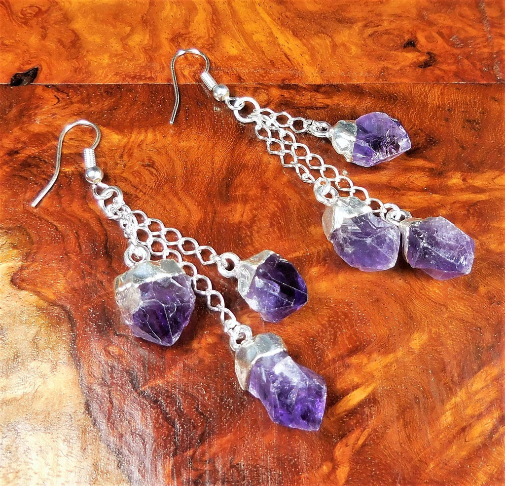Amethyst Triple Crystal Earrings Pair (Stainless Steel Silver Hooks) - Collective Awakening