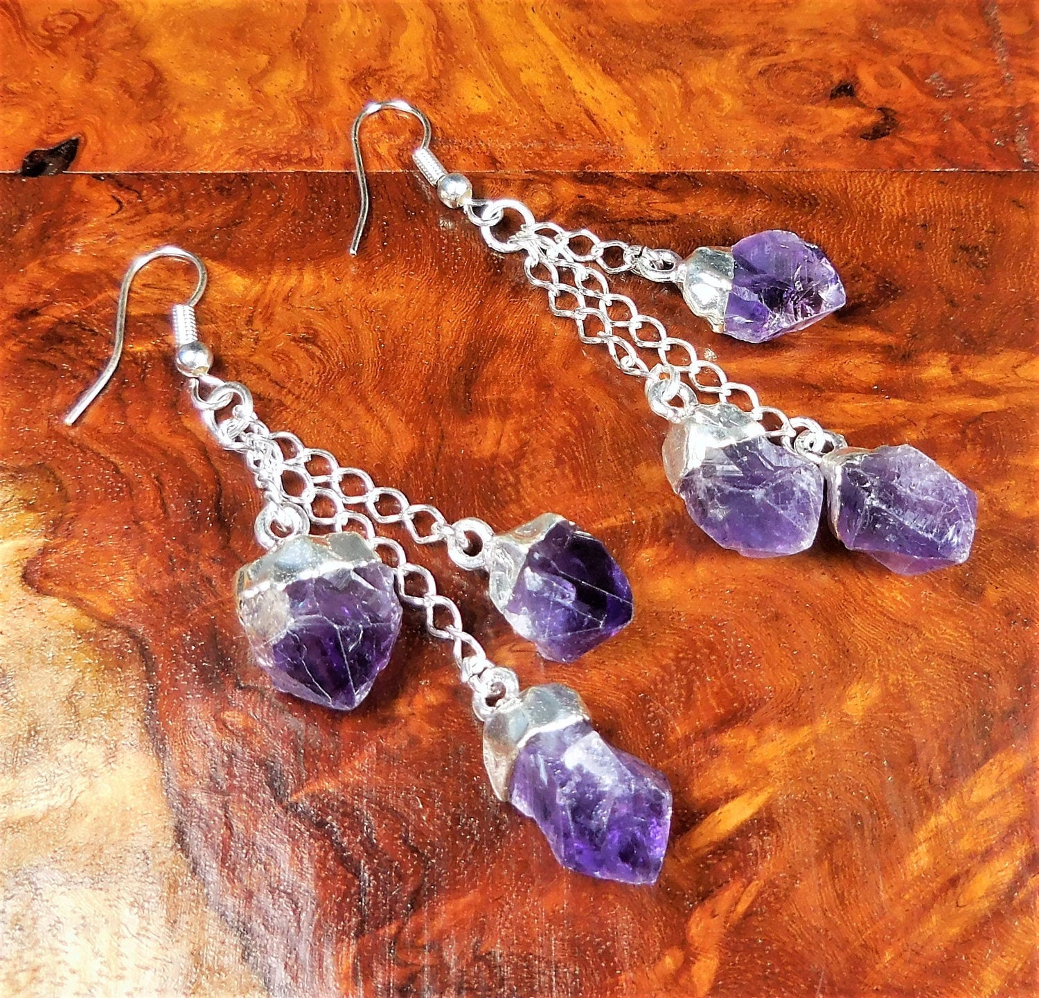 Amethyst Triple Crystal Earrings Pair (Stainless Steel Silver Hooks) - Collective Awakening