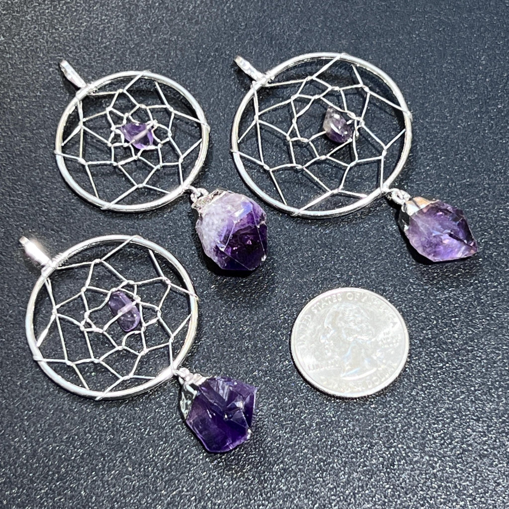 Dreamcatcher Pendant (Amethyst Crystal)(Silver Plated) Gemstone Jewelry - Collective Awakening