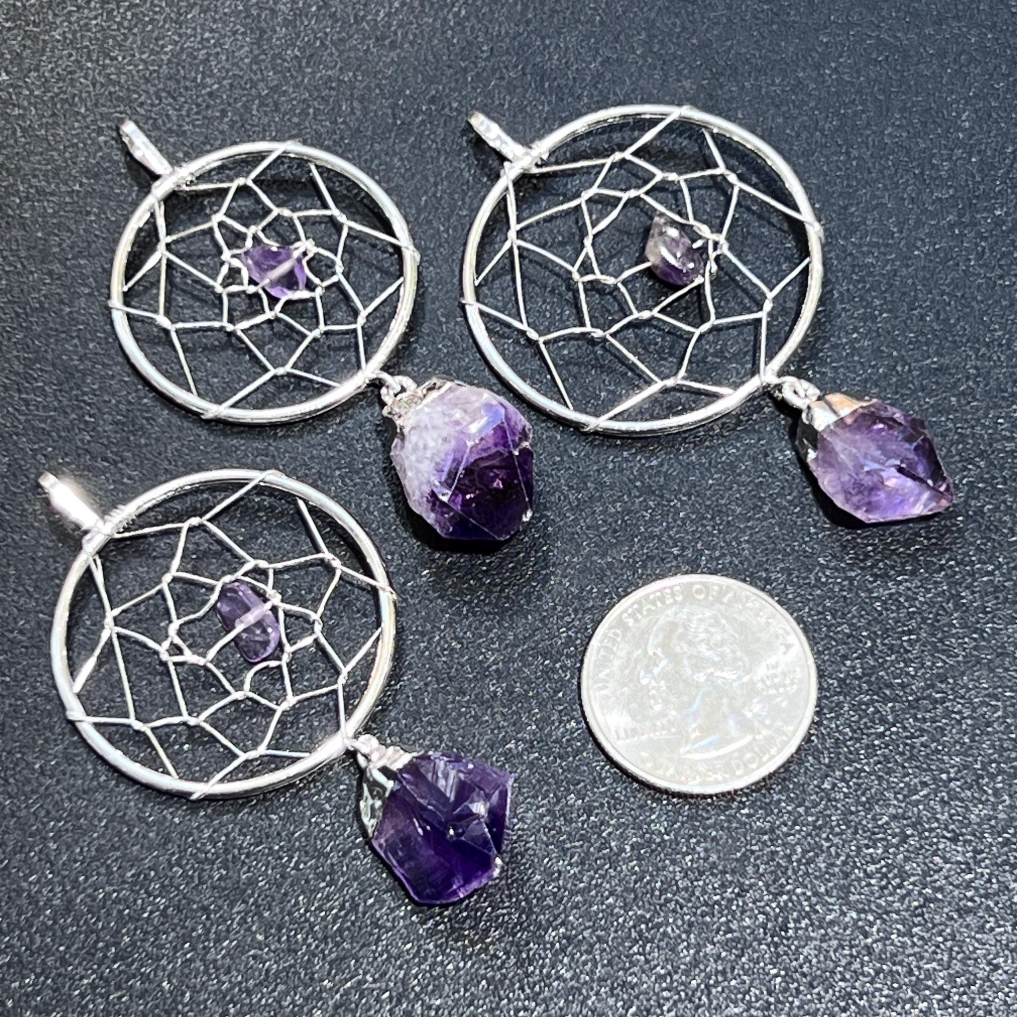 Dreamcatcher Pendant (Amethyst Crystal)(Silver Plated) Gemstone Jewelry - Collective Awakening