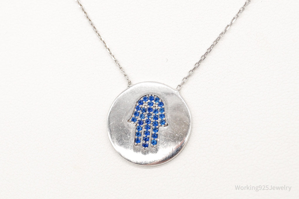 Vintage Blue Cubic Zirconia Hamsa Hand Sterling Silver Necklace - Collective Awakening