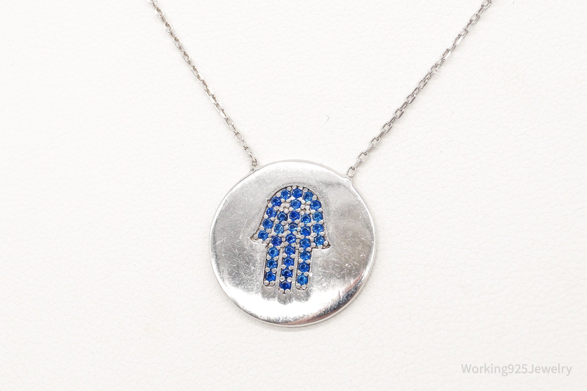 Vintage Blue Cubic Zirconia Hamsa Hand Sterling Silver Necklace - Collective Awakening