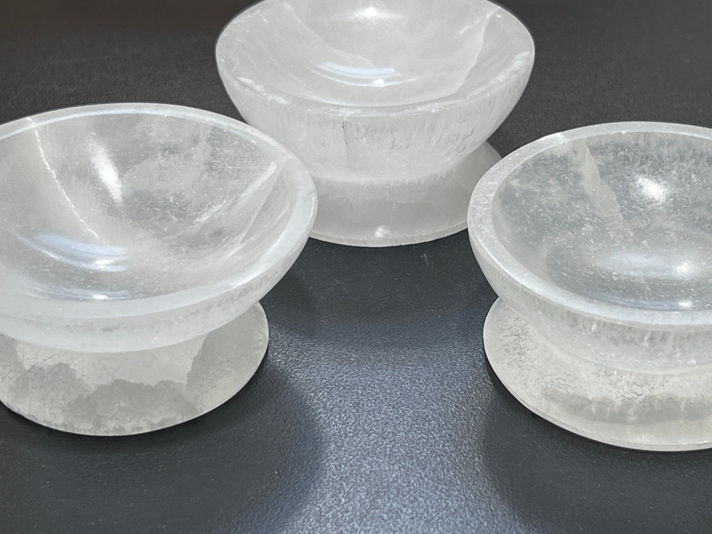 Selenite Satin Spar Crystal Bowl with Pedestal Carving - Collective Awakening