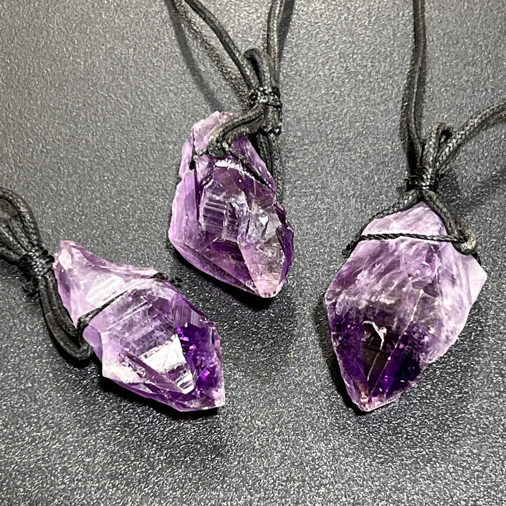Large Dark Amethyst Crystal Raw Point Necklace (24 Inch Black Cord) Gemstone Jewelry Pendant - Collective Awakening