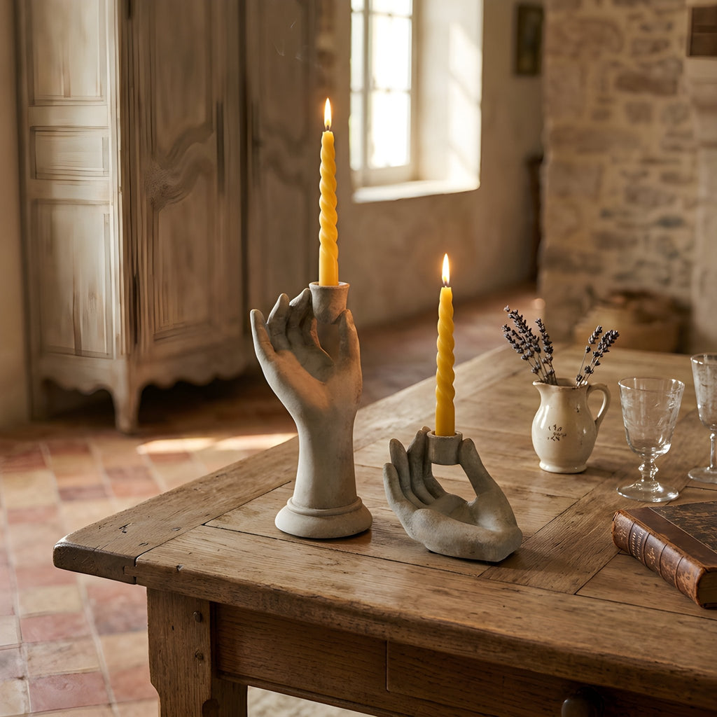 Romanesque Cement Hand Taper Candle Holder Tall or Small Sculptural Statue - Collective Awakening