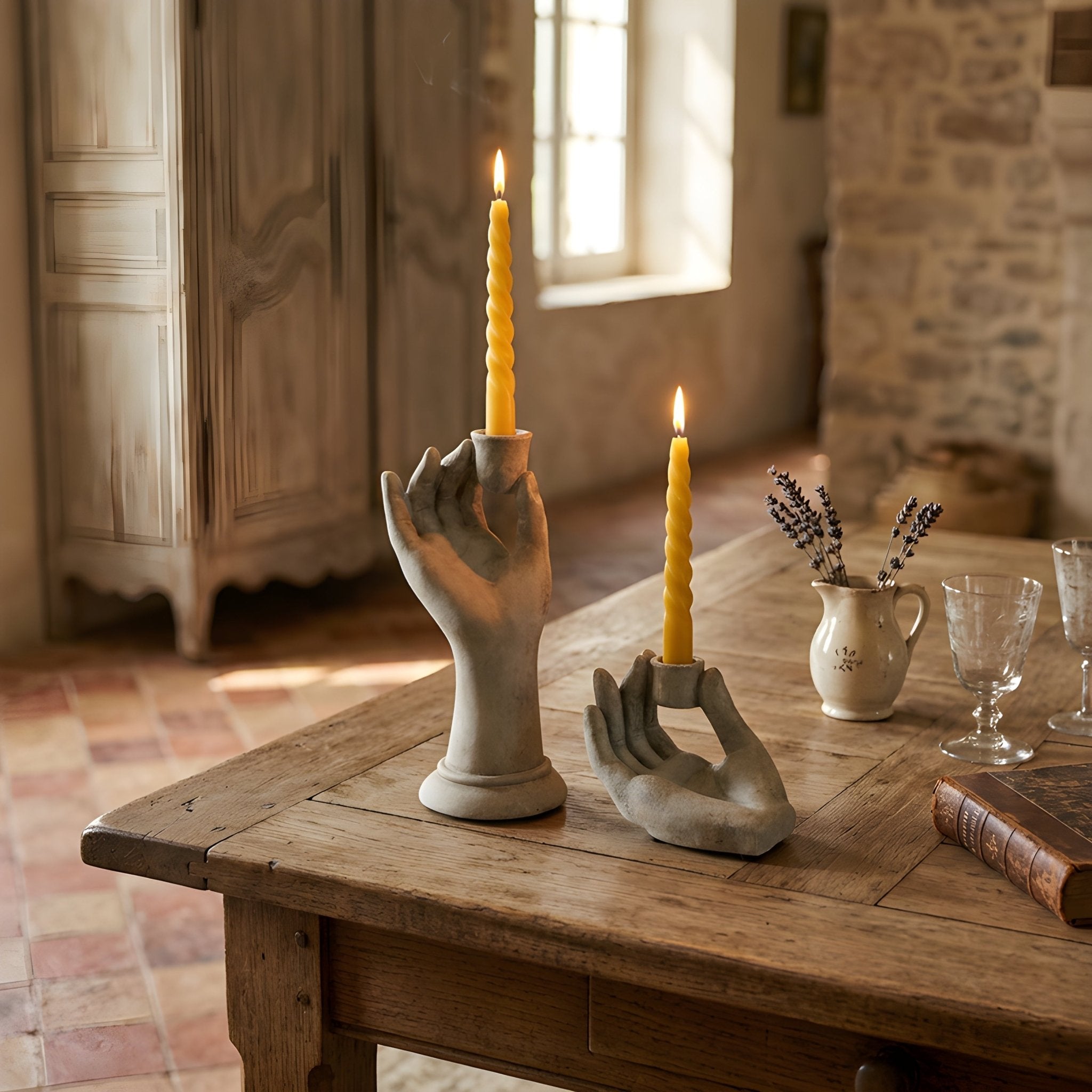Romanesque Cement Hand Taper Candle Holder Tall or Small Sculptural Statue - Collective Awakening