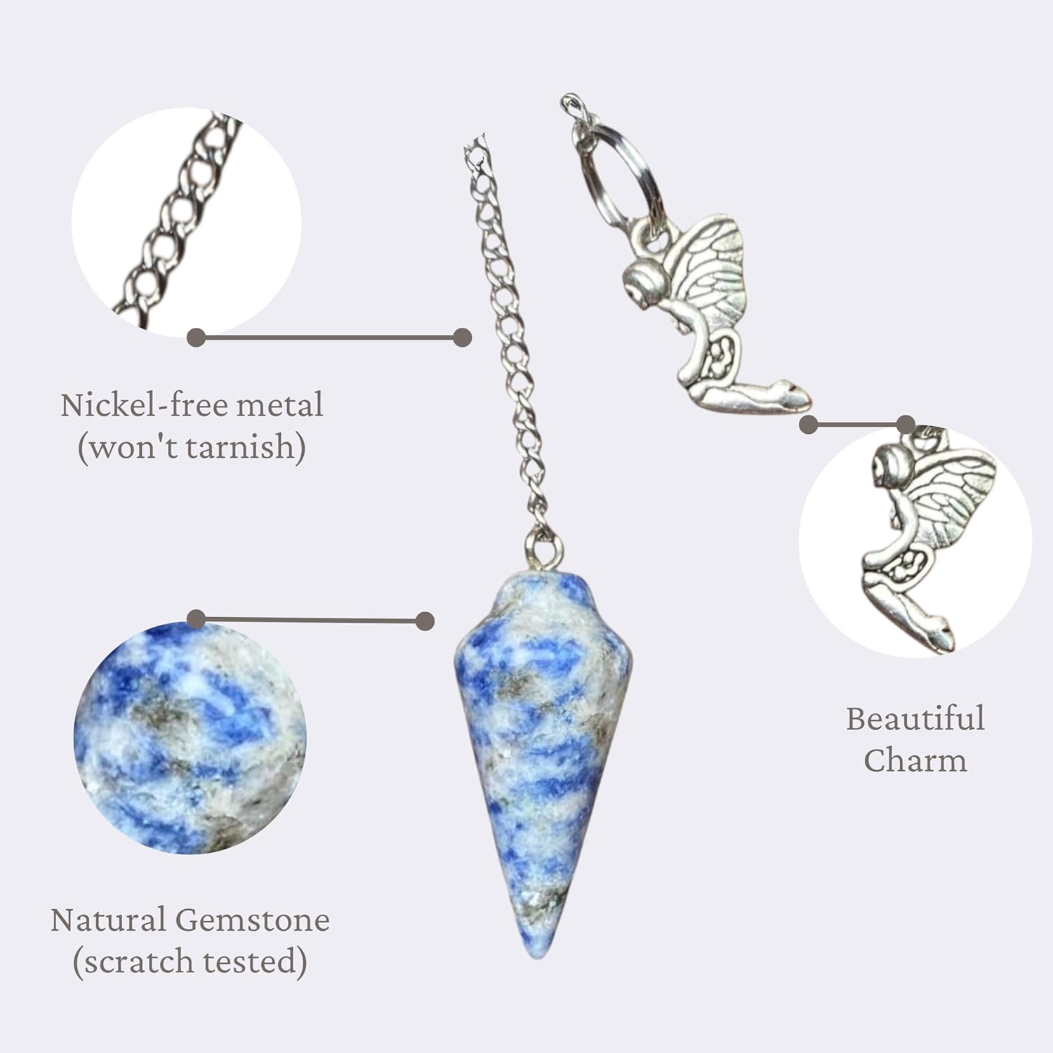 Natural Gemstone Smooth Conical Crystal Pendulum with Mystery Charm | Bag Charm - Collective Awakening