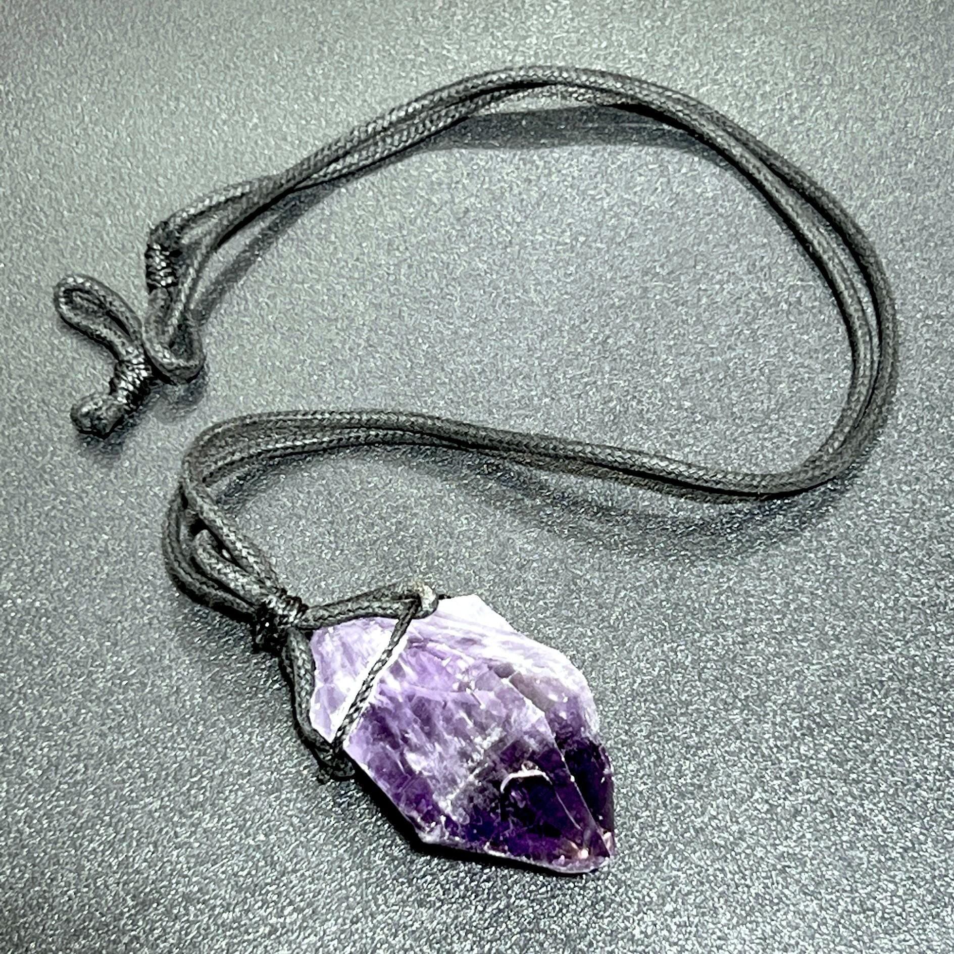 Large Dark Amethyst Crystal Raw Point Necklace (24 Inch Black Cord) Gemstone Jewelry Pendant - Collective Awakening