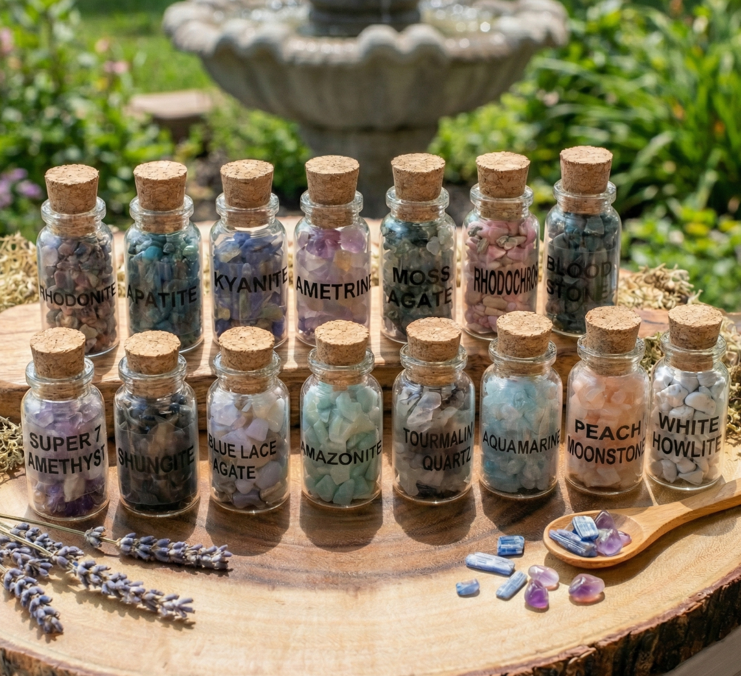 Gemstone Bottle Collection - 15 - Piece Natural Rough Crystal Chips Gift Set Box Flat - Collective Awakening