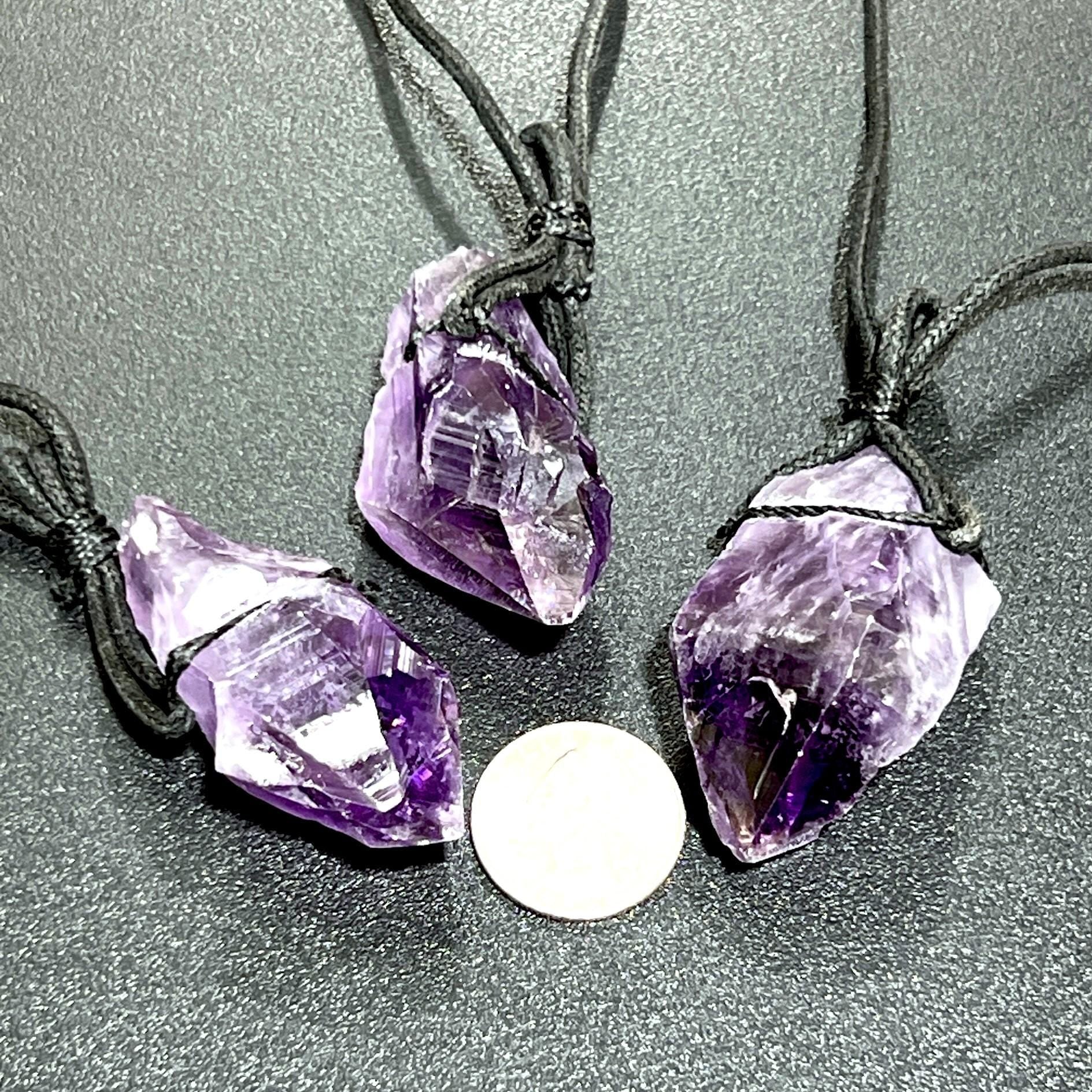 Large Dark Amethyst Crystal Raw Point Necklace (24 Inch Black Cord) Gemstone Jewelry Pendant - Collective Awakening