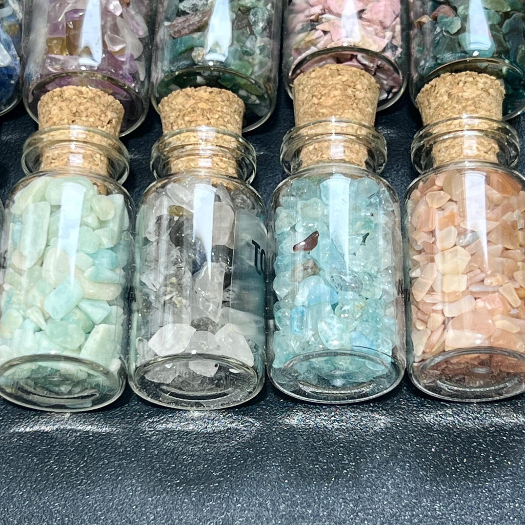 Gemstone Bottle Collection - 15 - Piece Natural Rough Crystal Chips Gift Set Box Flat - Collective Awakening