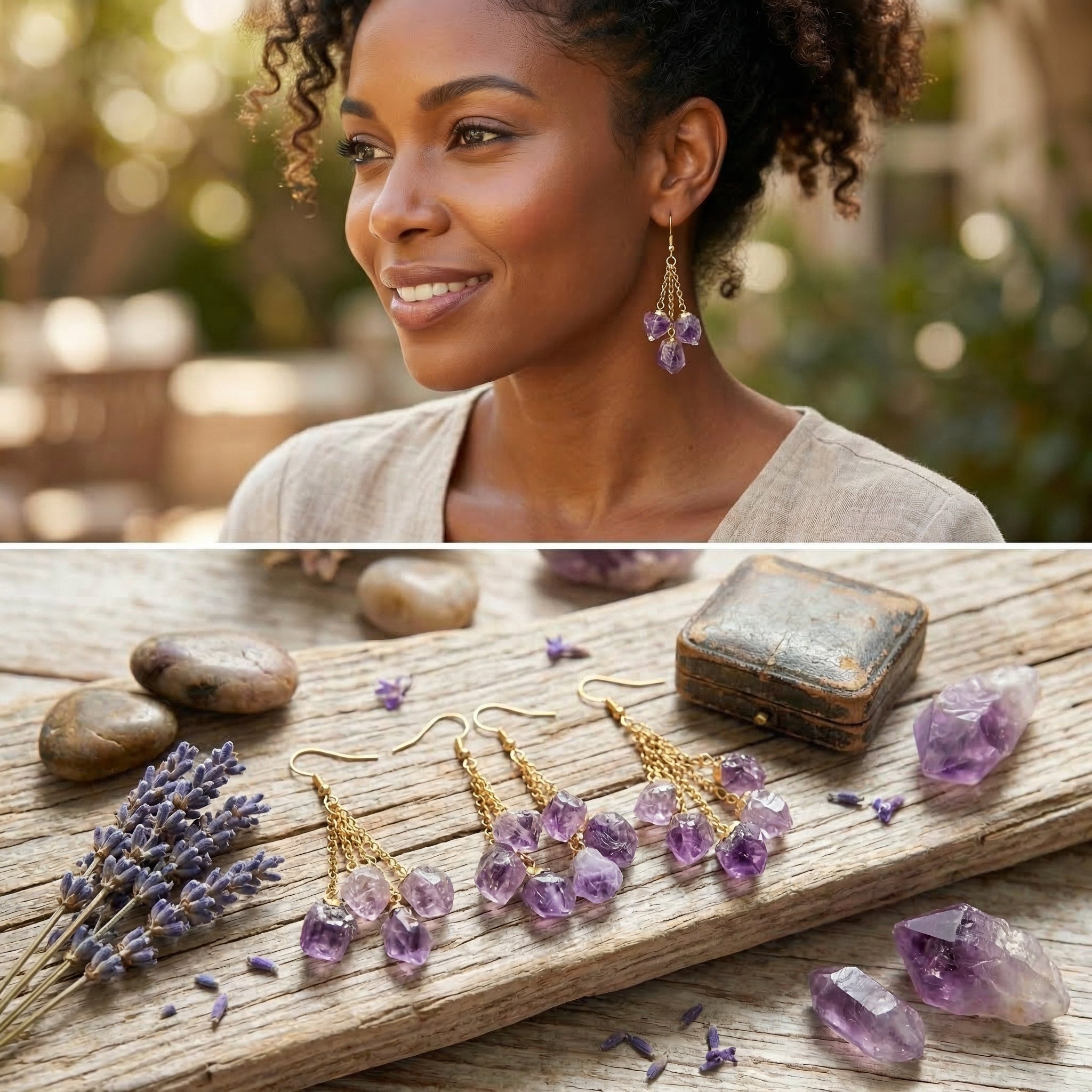 Long Dangle Amethyst Triple Crystal Point Earrings Pair (Gold Plated) - Collective Awakening