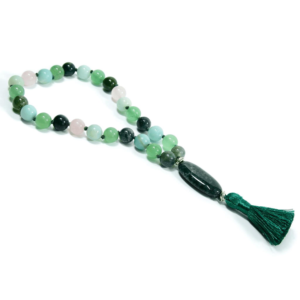 Heart Chakra Meditation Mala – 27 Beads of Rose Quartz & Moss Agate - Collective Awakening