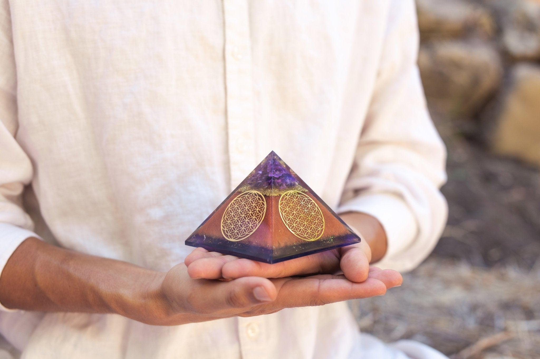Flower of Life Copper Orgone Pyramid with Amethyst (Authentic - REAL) - Collective Awakening