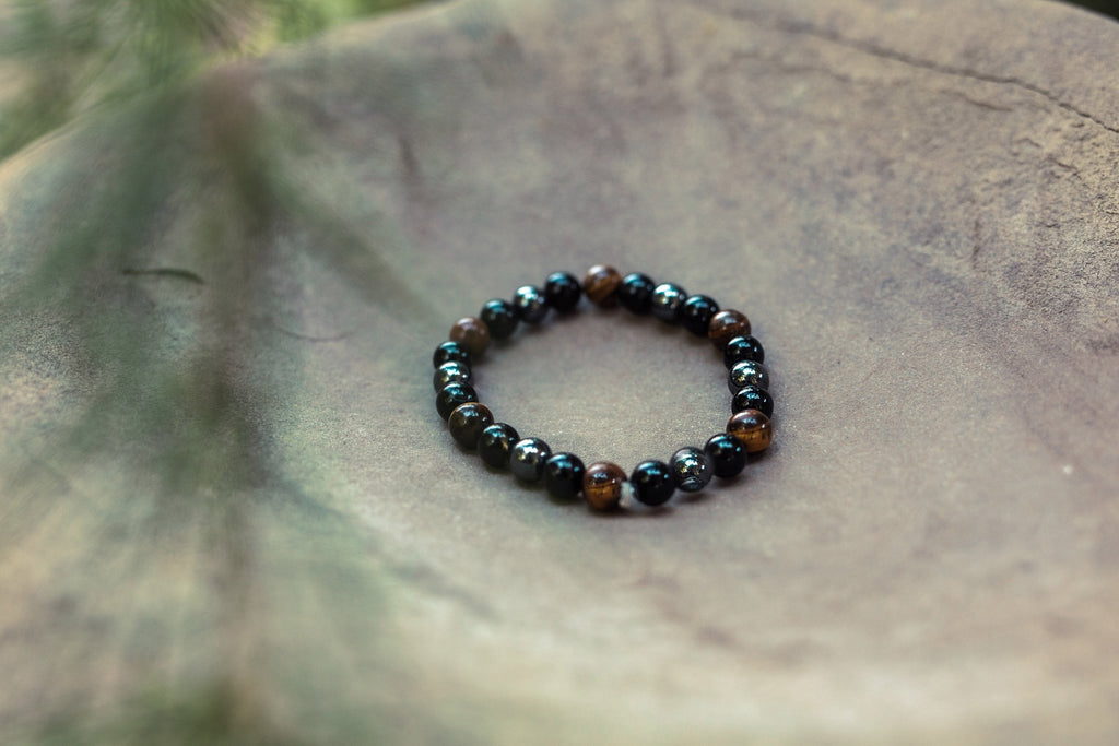 Triple Protection Bracelet WIth Tigers Eye, Hematite, and Obsidian(7.5 inches) - Collective Awakening
