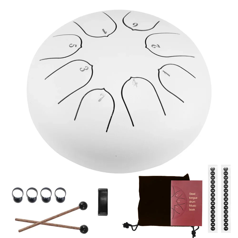6-Inch White Steel Tongue Drum Set, Tank Sticks and Carrying Bag Percussion Instruments Accessories - Collective Awakening
