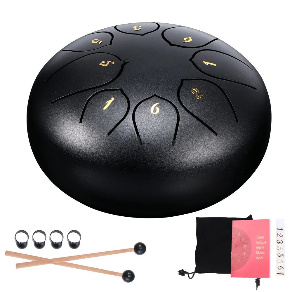 6-Inch Black Steel Tongue Drum Set, Tank Sticks and Carrying Bag Percussion Instruments Accessories - Collective Awakening