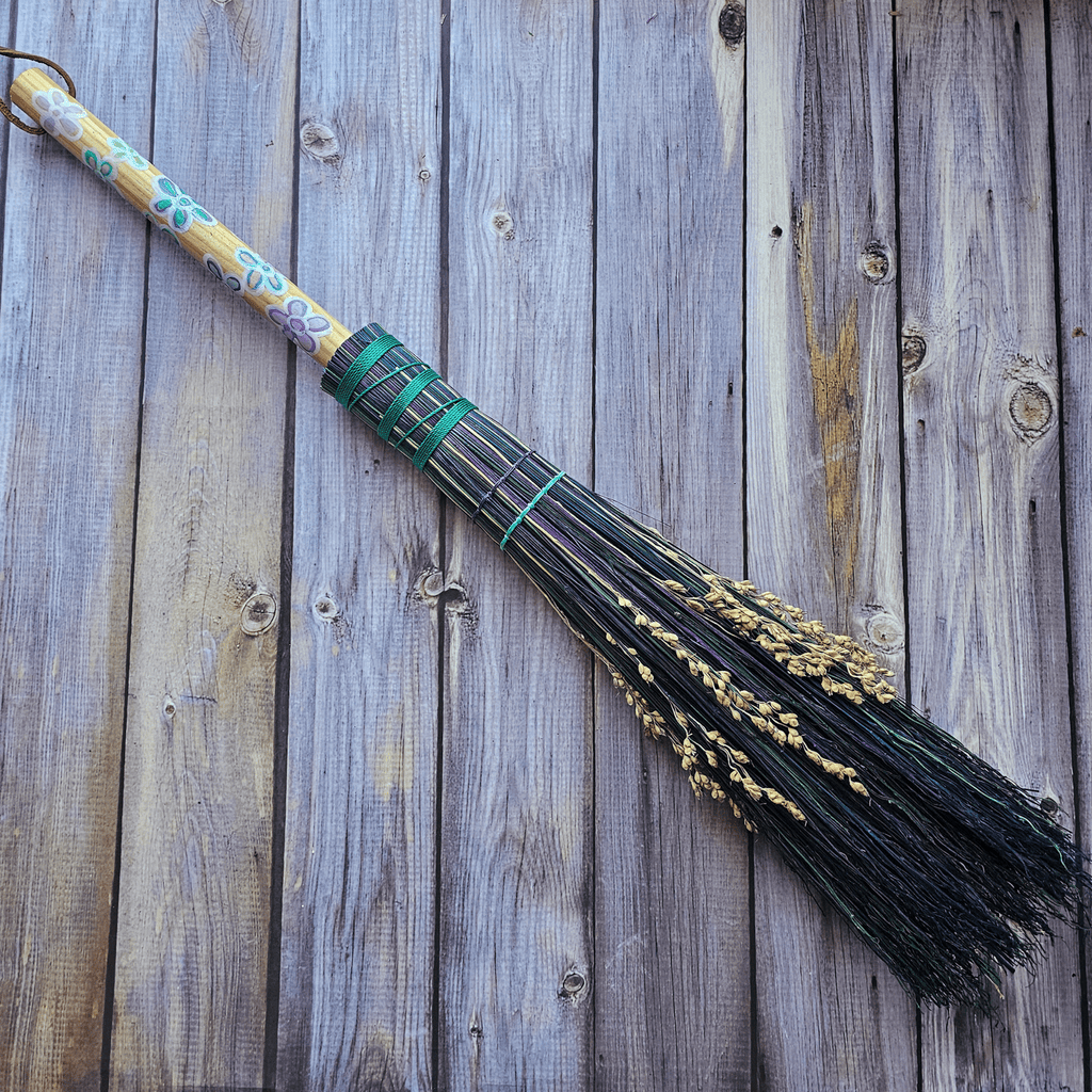 Hand Painted Decorative Round Broom – 24” Folk Art Broomcorn Besom - Collective Awakening