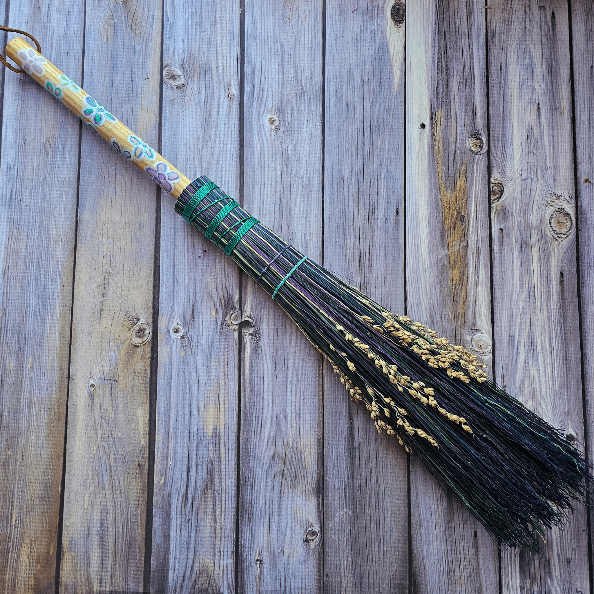 Hand Painted Decorative Round Broom – 24” Folk Art Broomcorn Besom - Collective Awakening