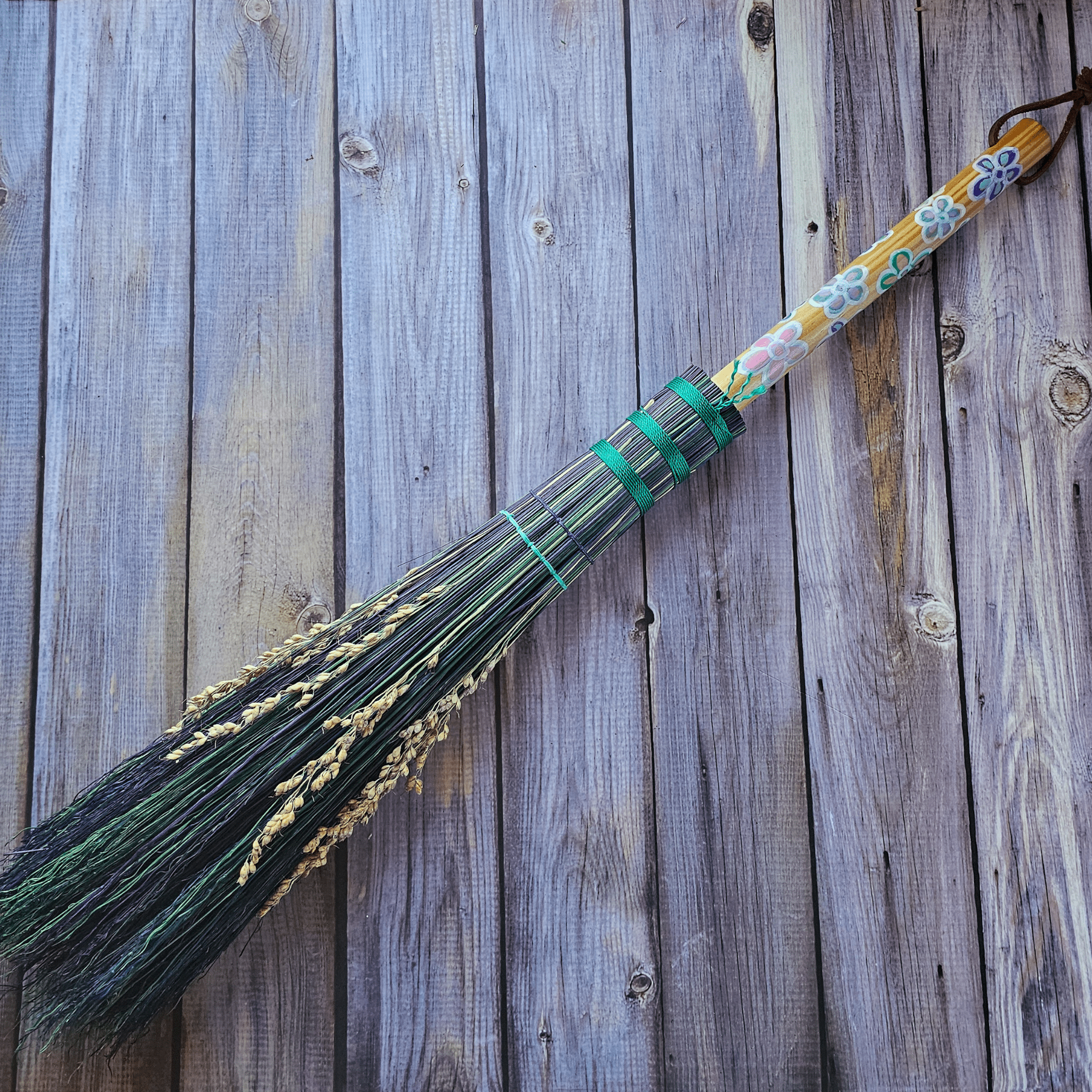 Hand Painted Decorative Round Broom – 24” Folk Art Broomcorn Besom - Collective Awakening