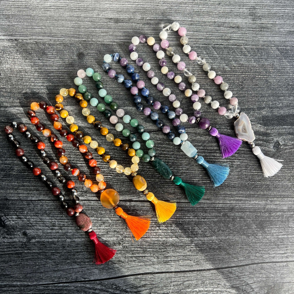 Heart Chakra Meditation Mala – 27 Beads of Rose Quartz & Moss Agate - Collective Awakening