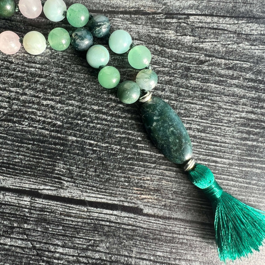 Heart Chakra Meditation Mala – 27 Beads of Rose Quartz & Moss Agate - Collective Awakening