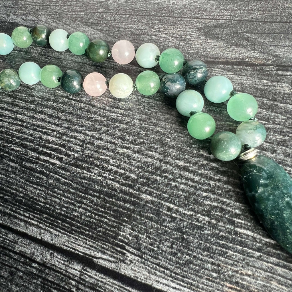 Heart Chakra Meditation Mala – 27 Beads of Rose Quartz & Moss Agate - Collective Awakening