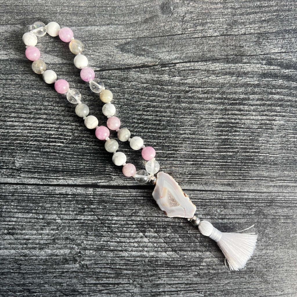 Crown Chakra Meditation Mala – 27 Beads of Clear Quartz & Labradorite - Collective Awakening