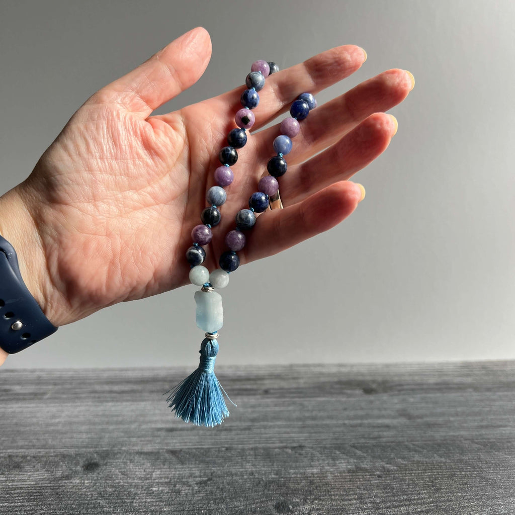 Throat Chakra Meditation Mala – 27 Beads of Aquamarine & Sodalite - Collective Awakening