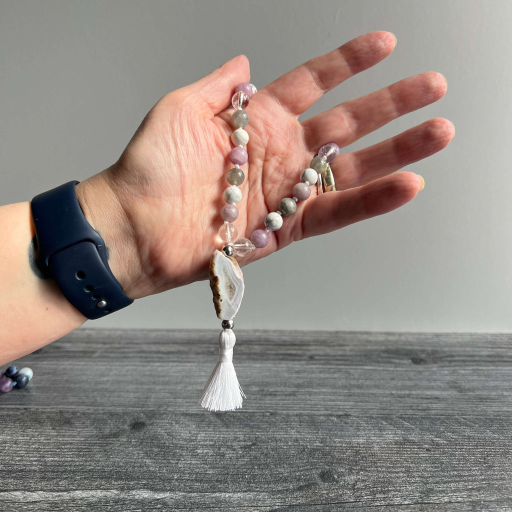 Crown Chakra Meditation Mala – 27 Beads of Clear Quartz & Labradorite - Collective Awakening