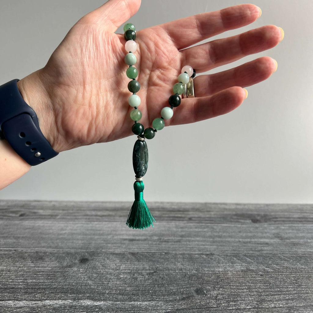 Heart Chakra Meditation Mala – 27 Beads of Rose Quartz & Moss Agate - Collective Awakening