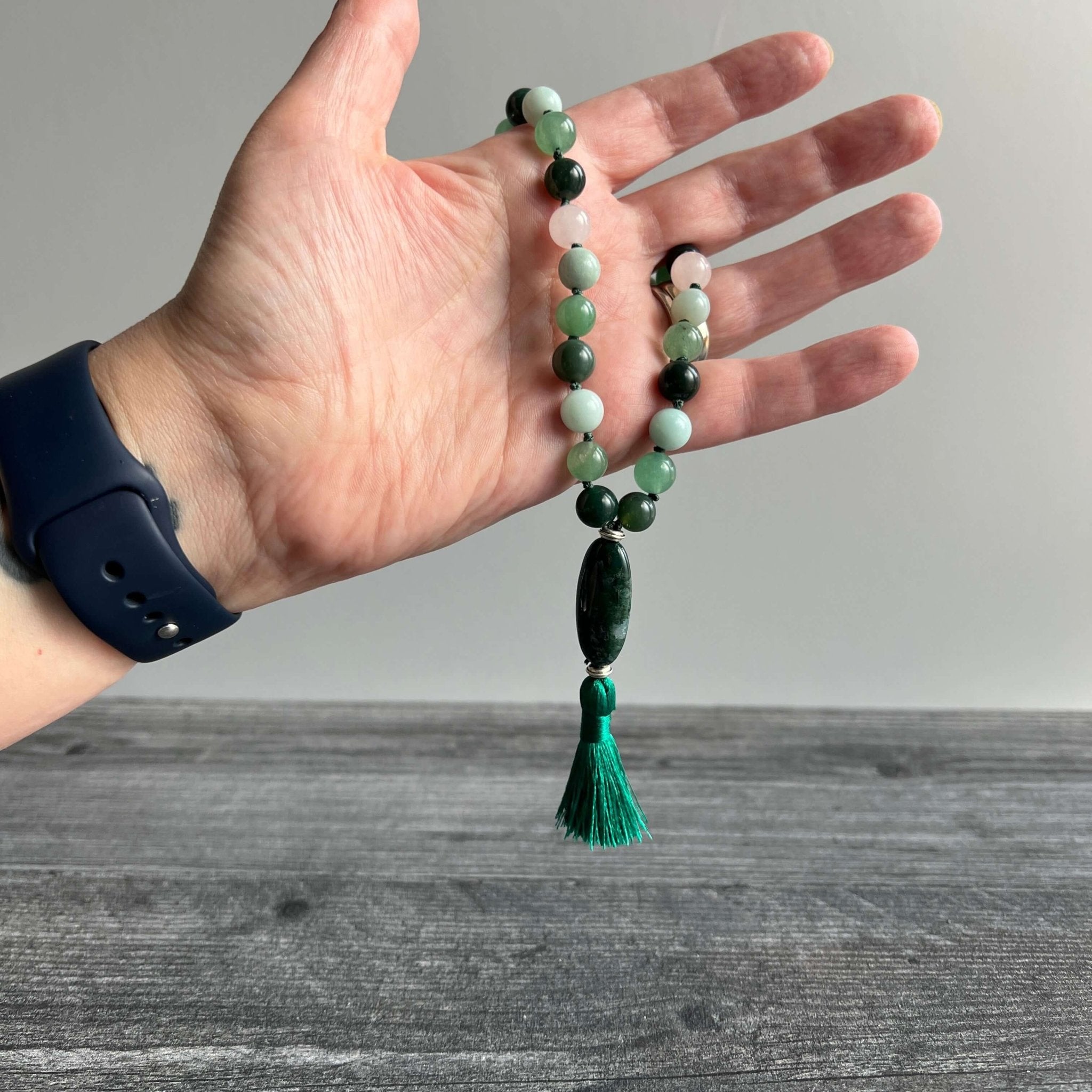 Heart Chakra Meditation Mala – 27 Beads of Rose Quartz & Moss Agate - Collective Awakening