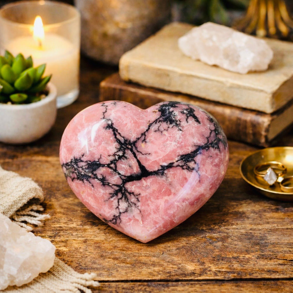 Rhodonite Crystal Heart Carving – Polished Statement Stone - Collective Awakening