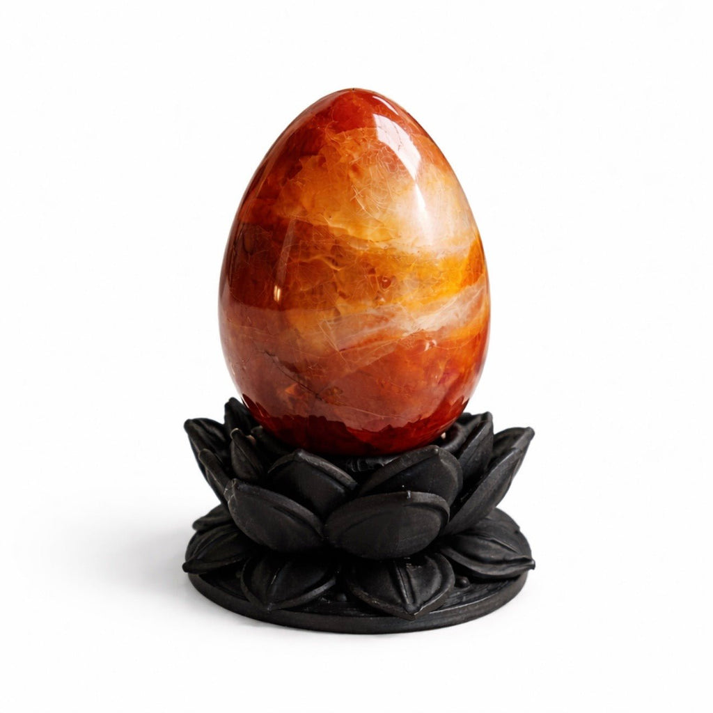 Dark Ethereal Lotus Crystal Egg Stand with Carnelian Agate Egg (Mystic Decor Piece) - Collective Awakening