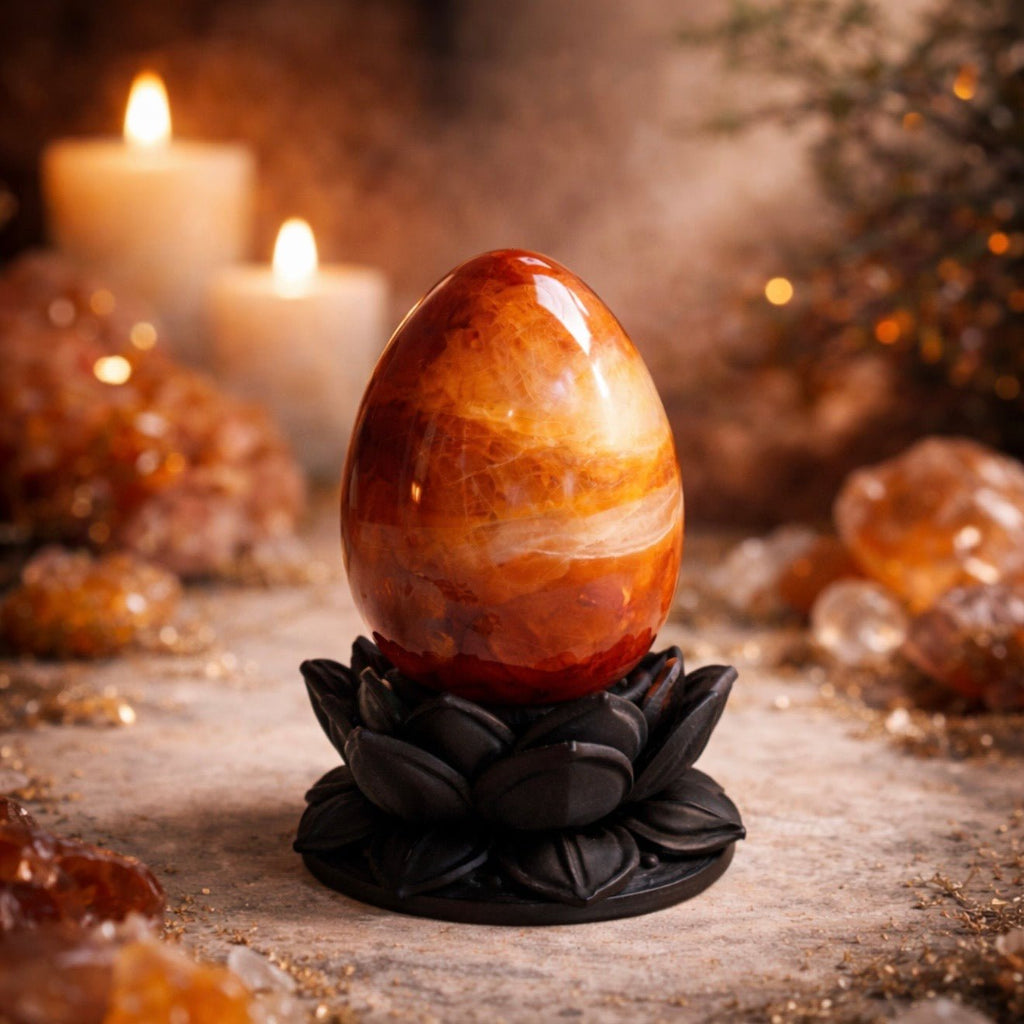 Dark Ethereal Lotus Crystal Egg Stand with Carnelian Agate Egg (Mystic Decor Piece) - Collective Awakening