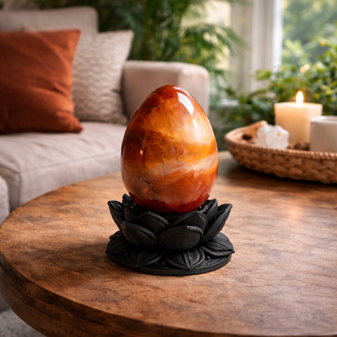 Dark Ethereal Lotus Crystal Egg Stand with Carnelian Agate Egg (Mystic Decor Piece) - Collective Awakening