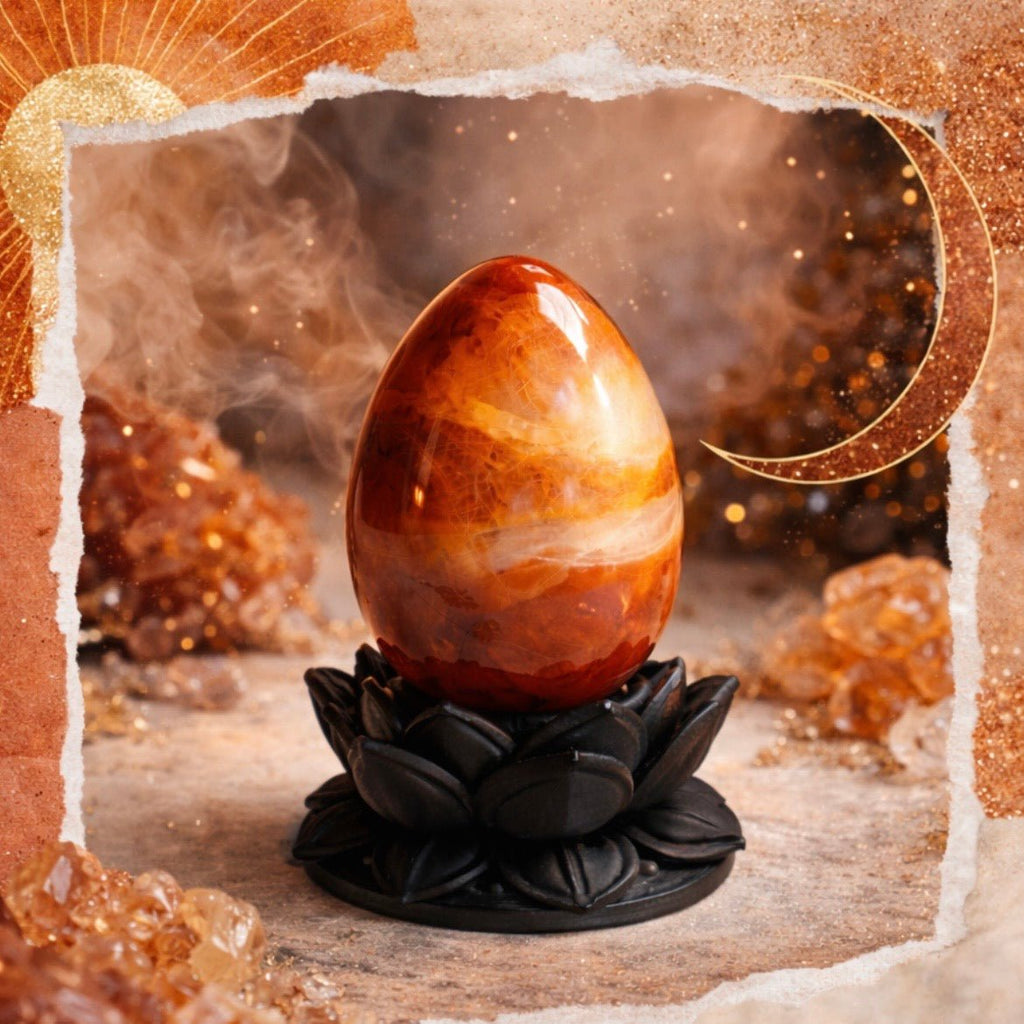 Dark Ethereal Lotus Crystal Egg Stand with Carnelian Agate Egg (Mystic Decor Piece) - Collective Awakening
