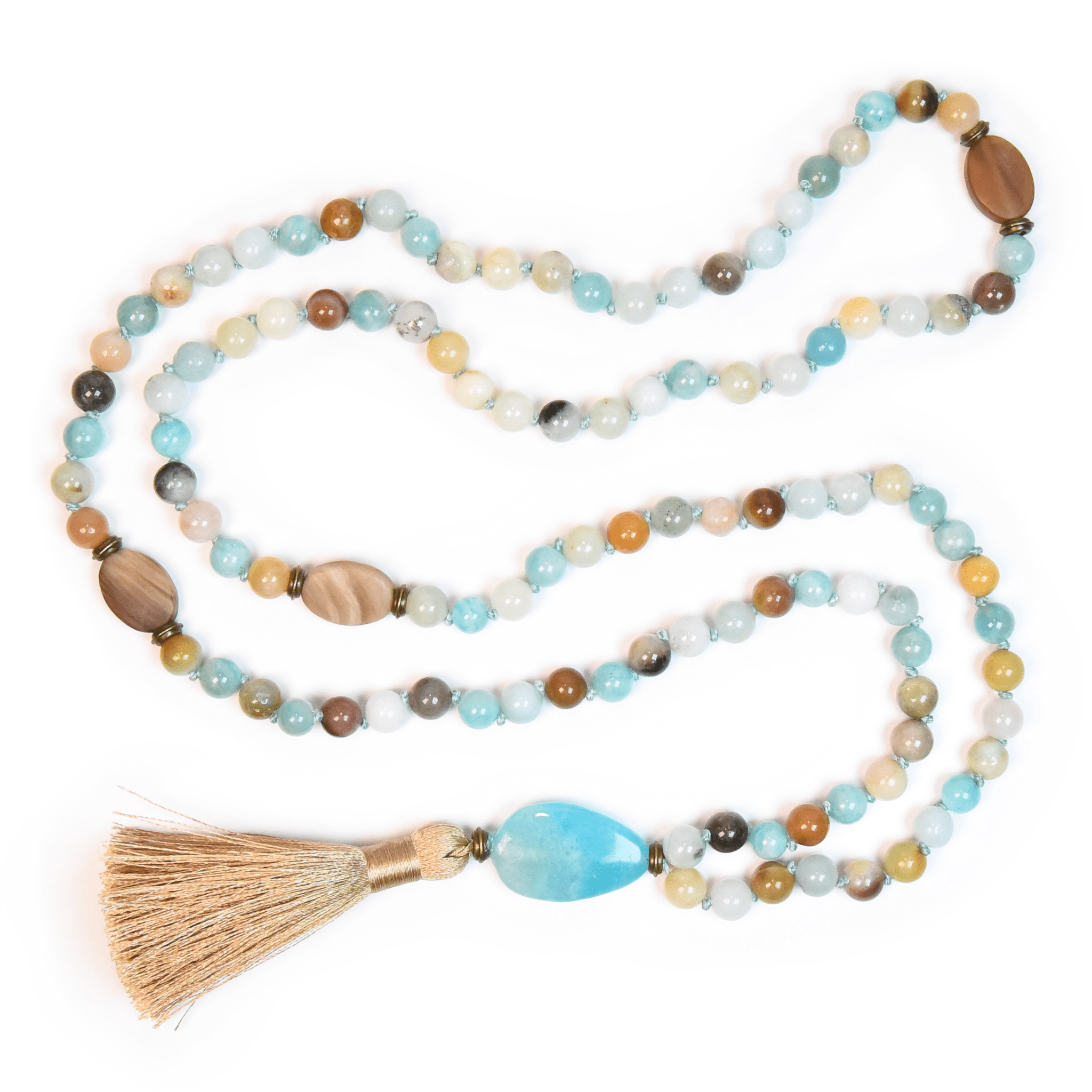 Calm Shores Meditation Mala - 108 beads of Amazonite & Wood Opal - Collective Awakening