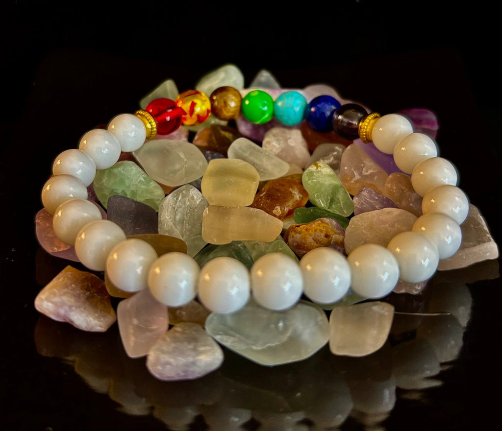 Chakra Energy Healing Bracelet – White Porcelain Beads – Medium Wrists - Collective Awakening