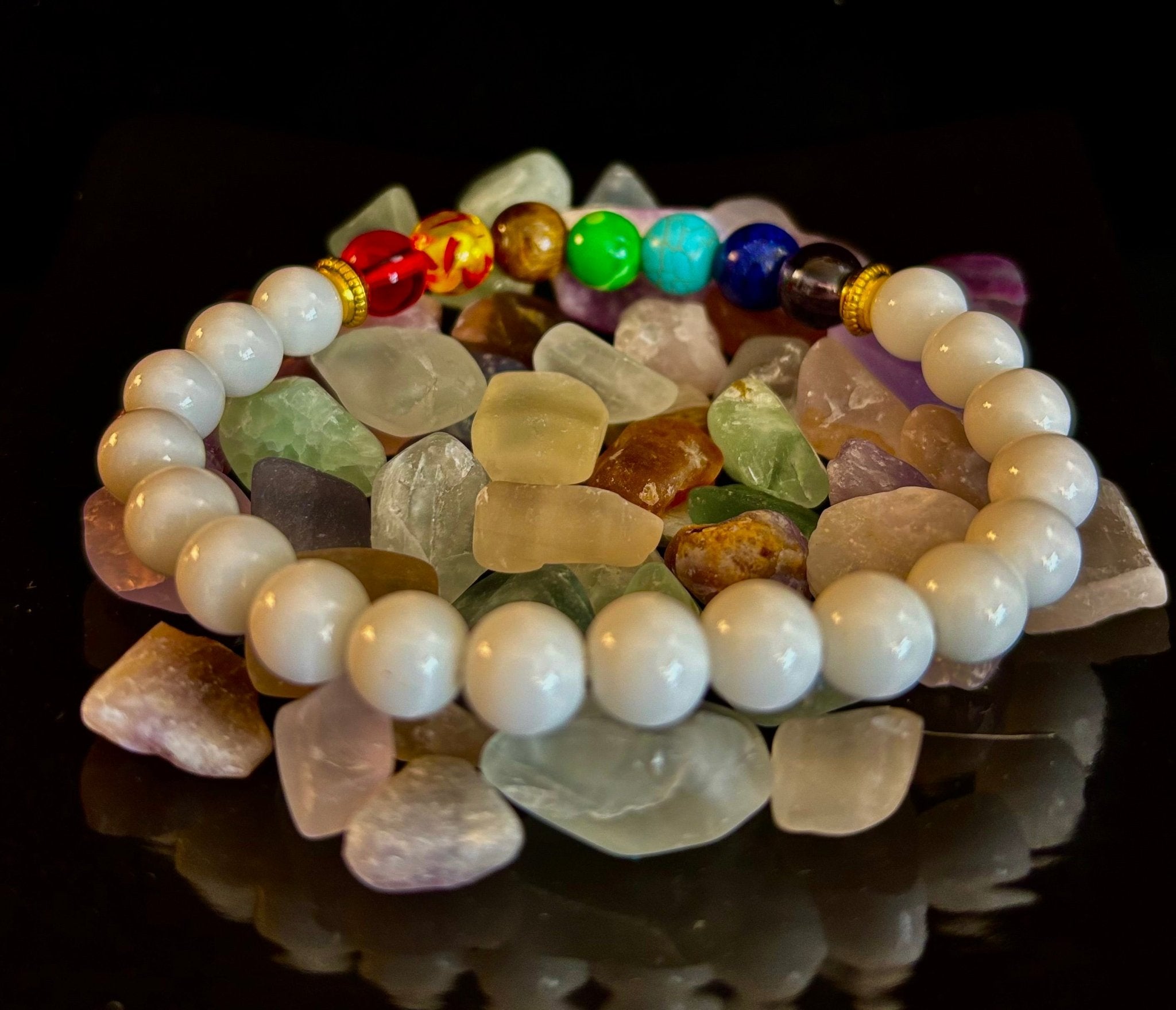 Chakra Energy Healing Bracelet – White Porcelain Beads – Medium Wrists - Collective Awakening