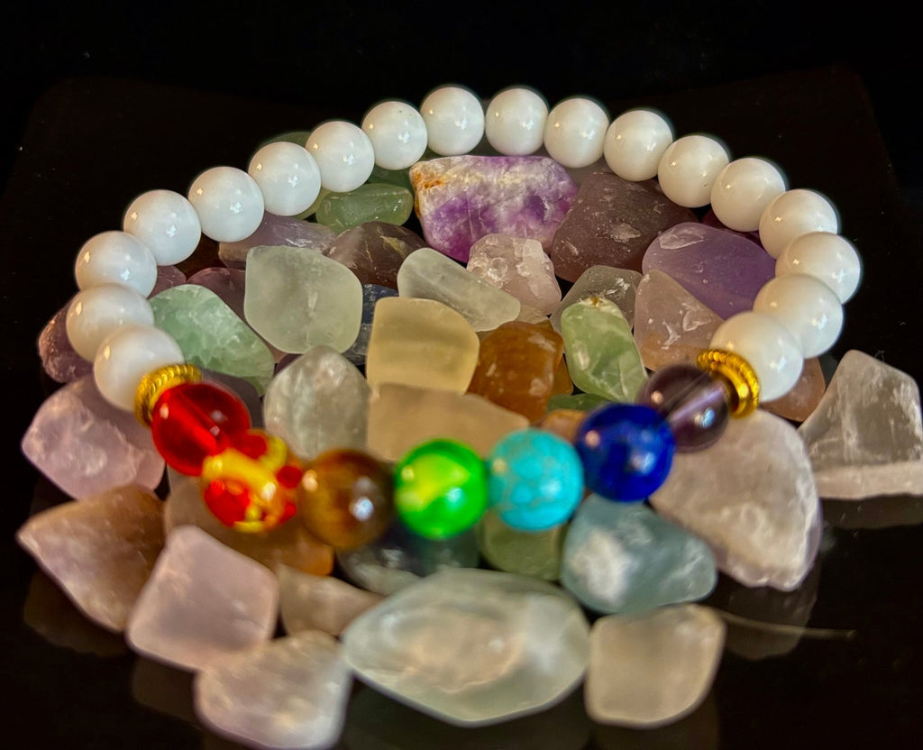 Chakra Energy Healing Bracelet – White Porcelain Beads – Medium Wrists - Collective Awakening