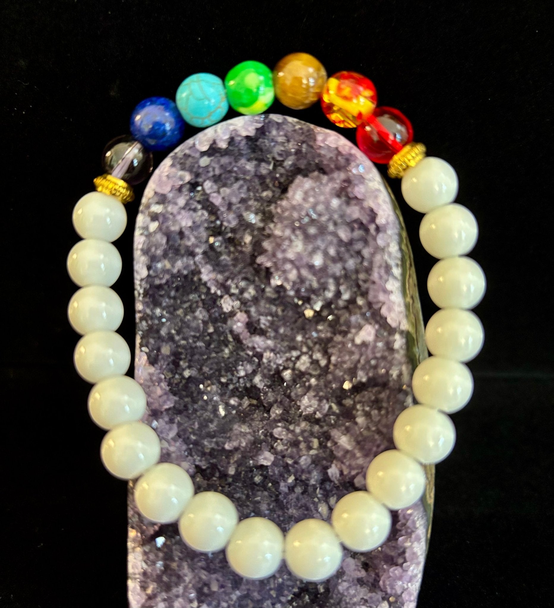 Chakra Energy Healing Bracelet – White Porcelain Beads – Medium Wrists - Collective Awakening