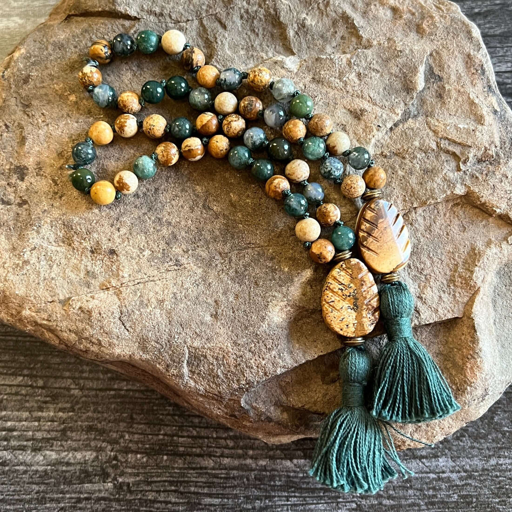 Pine Tree Meditation Mala – 27 Beads of Picture Jasper & Moss Agate - Collective Awakening