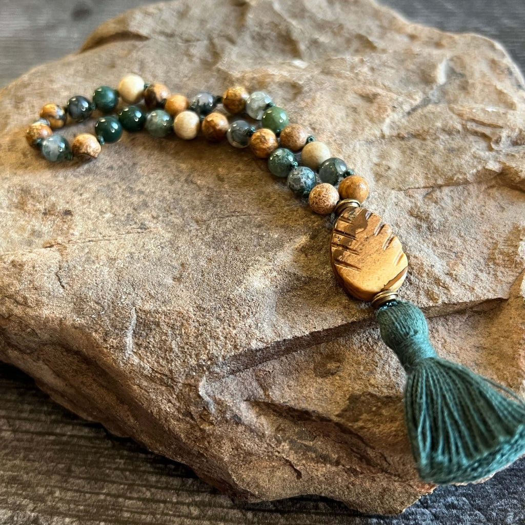 Pine Tree Meditation Mala – 27 Beads of Picture Jasper & Moss Agate - Collective Awakening